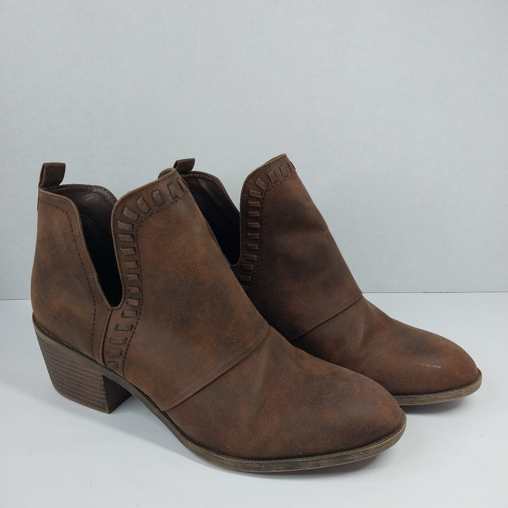 Rock And Candy Boots Womens 8.5 Lipton Slip On Ankle Bootie Brown Fabric Heels